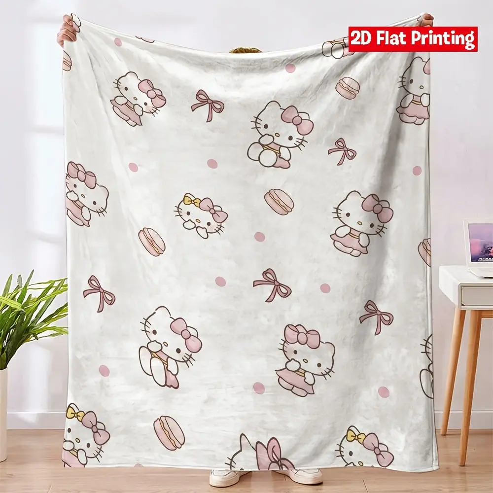 Hello Kitty Pattern with Bows And Macarons for Spring Flannel Blanket Warm And Durable for Bed And Couch Use, Perfect Present Choice for Men Women Kids Daily‑use