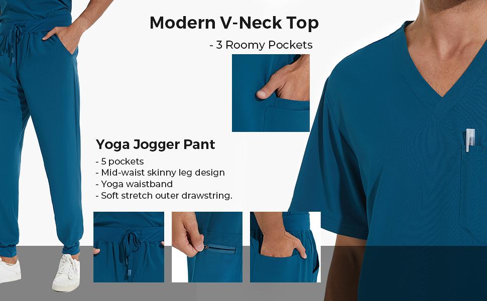 COZYFIT Men Scrubs Set - Luna Vital Set - Stretch V-Neck Scrub Top & Jogger Pant with 8 Pockets, Yoga Waistband, Anti-Wrinkle Scrubs for Men SpringStatements