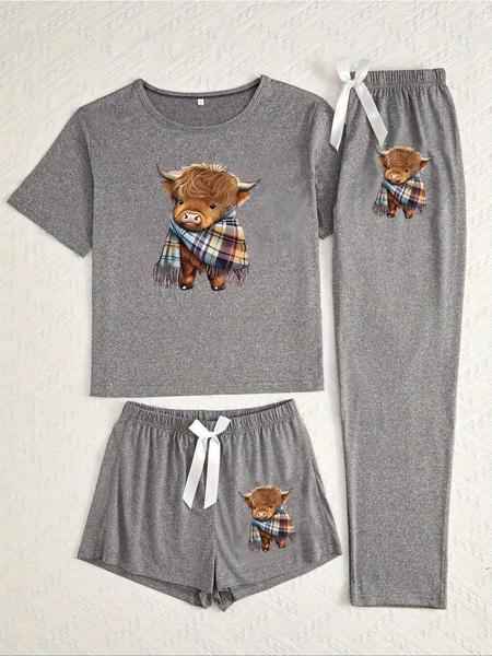 Women's 3-Piece Pajama Set with Cartoon Scarf Print, Highland Cow Pattern Sleepwear for All Seasons, Casual Comfy Pajama, Casual Fitted Nightwear