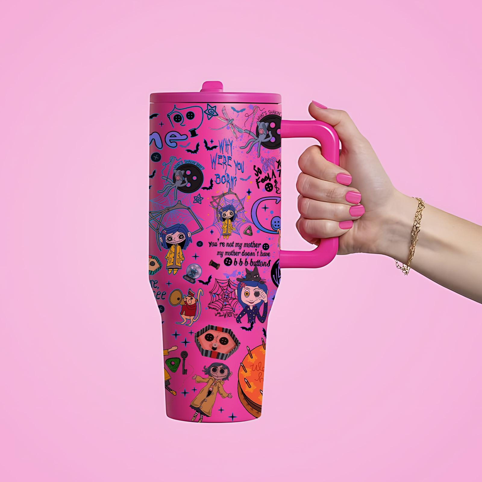 1pc 40oz Stainless Steel Tumbler with Lid & Straw, Coraline Dark Fantasy Style, Vacuum Insulated Thermal Cup, Insulated Travel Drinkware, Keep Hot 12H / Cold 24H, Creepy Cute Travel Mug, Gift for Horror Aesthetic & Animation Enthusiasts