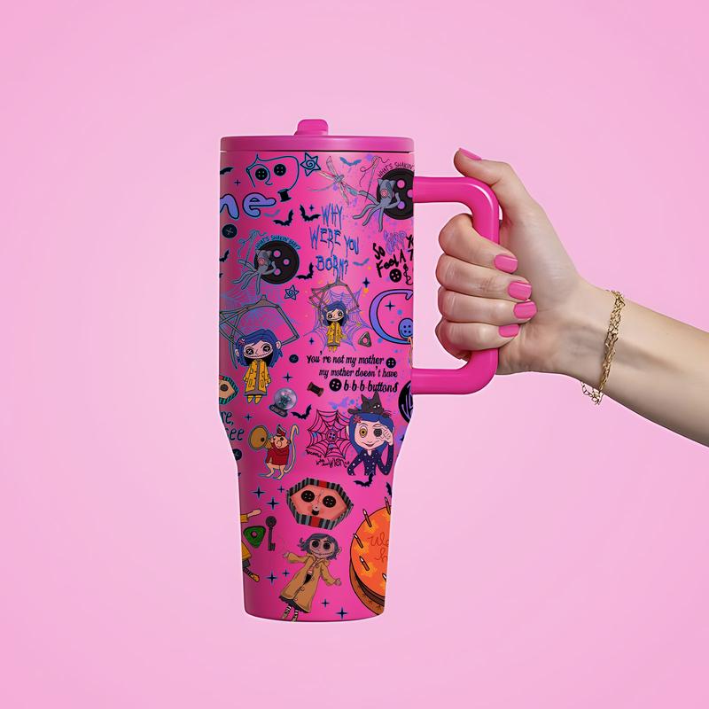 1pc 40oz Stainless Steel Tumbler with Lid and Straw, Coraline Dark Fantasy Cartoon Style, Vacuum Insulated Thermal Cup, Keep Hot 12H / Cold 24H, Creepy Cute Travel Mug for Movie Fans, Unique Gift for Horror Aesthetic Lovers and Animation Enthusiasts