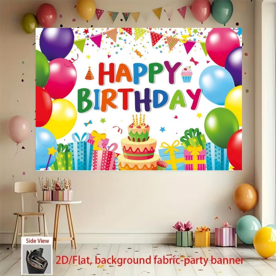 Colorful Birthday Party Backdrop Banner, Polyester Material, Balloon and Cake Elements, Home Decor, Indoor and Outdoor Parties, Photography Background
