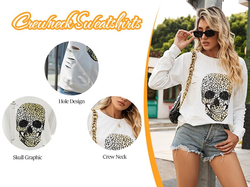 Blooming Jelly Halloween Sweatshirts Skull Graphic T Shirts Women's Long Sleeve Pullover Tops Gothic Fall Clothes