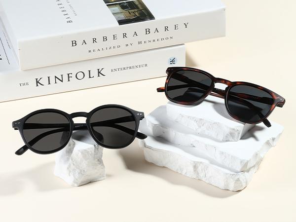 ZENOTTIC 2 Pack Unisex Polarized Sunglasses Classic Round & Square Frame UV400 Protection Matte Black & Tortoise Shell Seaside Holiday Gift