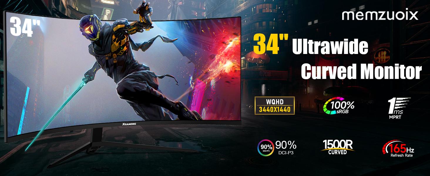 34-Inch Ultrawide Curved Gaming Monitor, 3440x1440 WQHD, Up to 165Hz, 1ms, 1500R Curvature, 100% sRGB, FreeSync Premium, HDMI 2.0 & DisplayPort 1.4, Wall Mountable - Black 34-Inch Ultrawide Curved Gaming Monitor, 3440x1440 WQHD, Up to 165Hz, 1ms, 1500R Curvature, 100% sRGB, FreeSync Premium, HDMI 2.0 & DisplayPort 1.4, Wall Mountable - Black