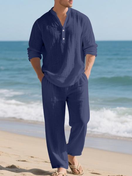 Men's High-Quality Linen Set, Beach Button Shirt & Casual Loose Pants, Spring Summer Wear, Comfortable Breathable Fabric Clothes