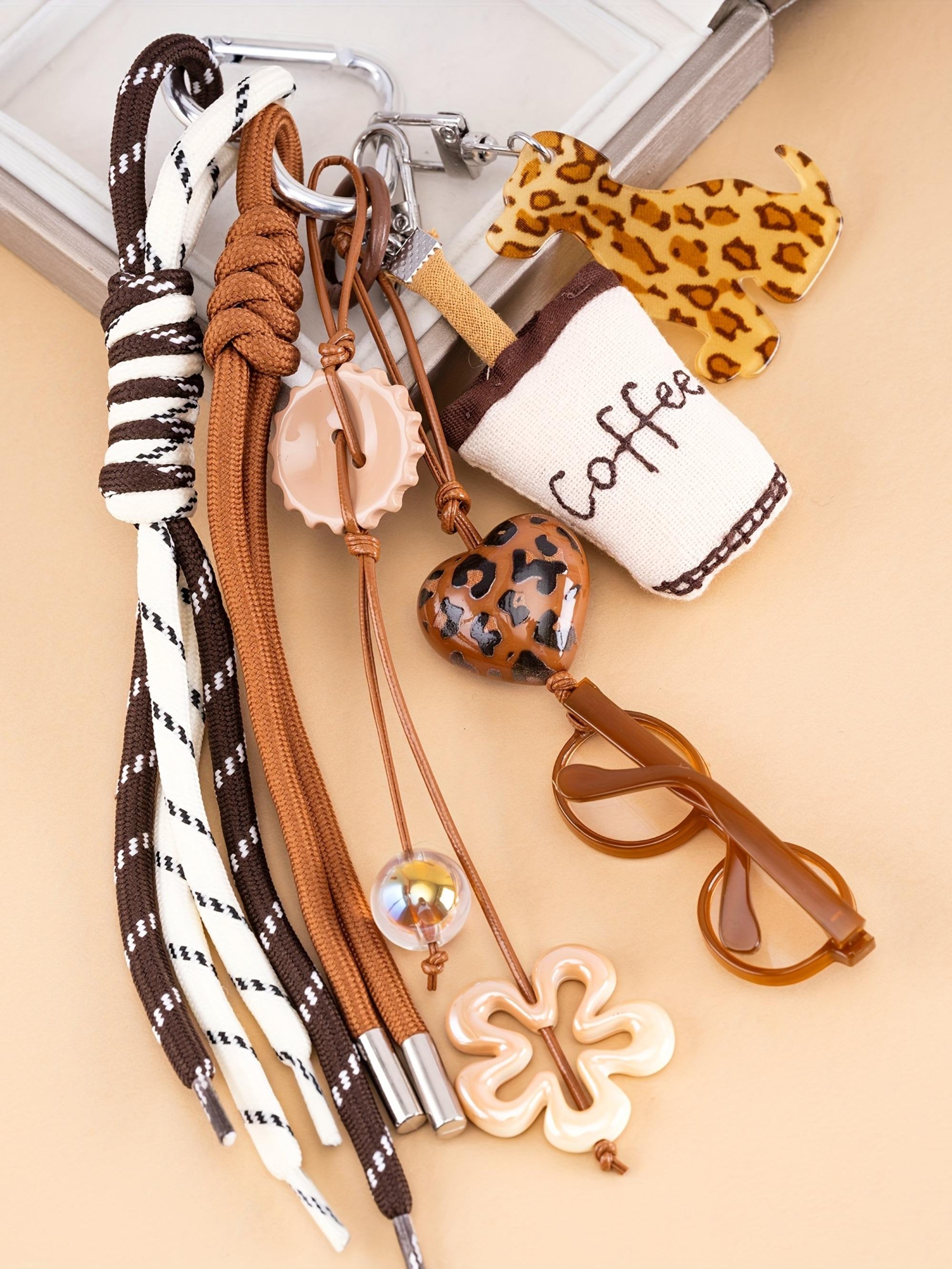 Luxury 2D Eyes Glasses Keychain,Coffee Brown Leopard Print Dog Key Bag Charm Coffee Cup Pendant Heart Flower Beaded Charms Braided Rope Fabric Coffee Cup Keychain Lanyard for Men Women Keys,Backpack Keyring Decoration Ornaments Purse Charms Accessories
