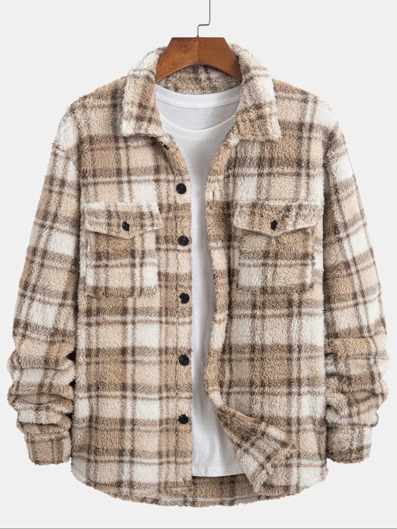 Men's Plaid Button Front Jacket Coat, Casual Warm Fleece Outerwear, Long Sleeve Lapel Design, Ideal for Daily Wear & Outdoor Activities