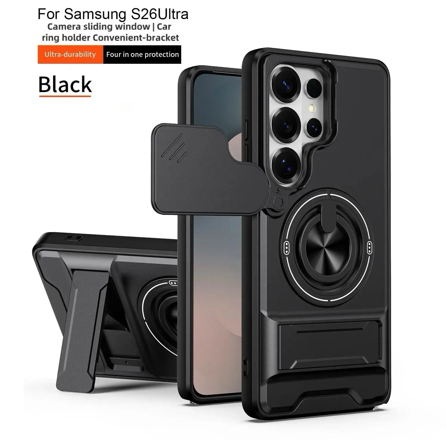 Rotating ring phone case, compatible with Samsung 26/25/24/23, high-end design, practical bracket case, TPU + PC armored case, with camera protective film, unisex, military-grade protective case