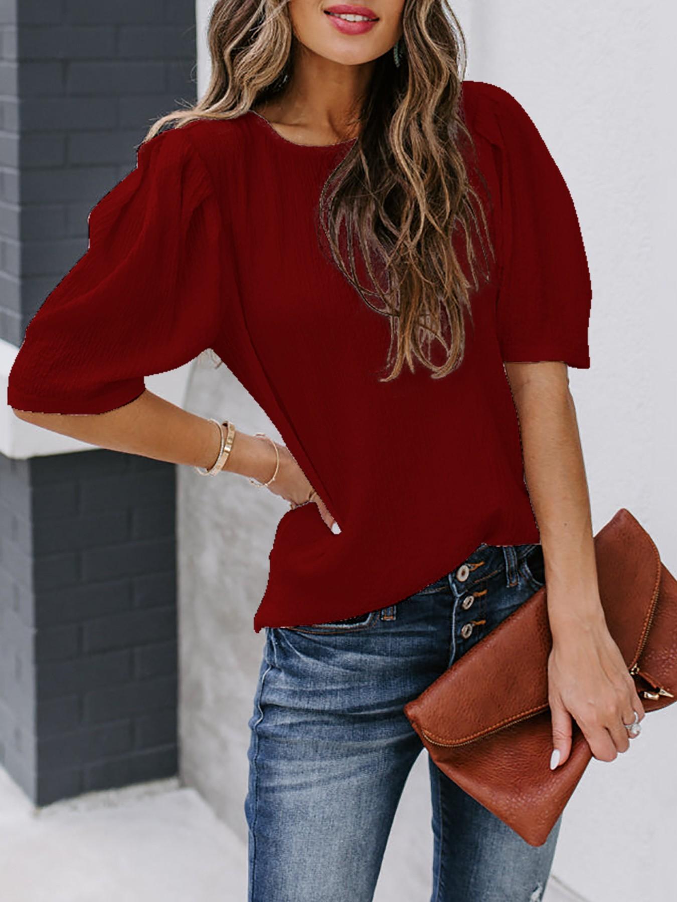 French Bubble Sleeve Solid Color T-Shirt for Women, Summer Simple Round Neck Short Sleeve Top, European and American Style Casual Basic Shirt