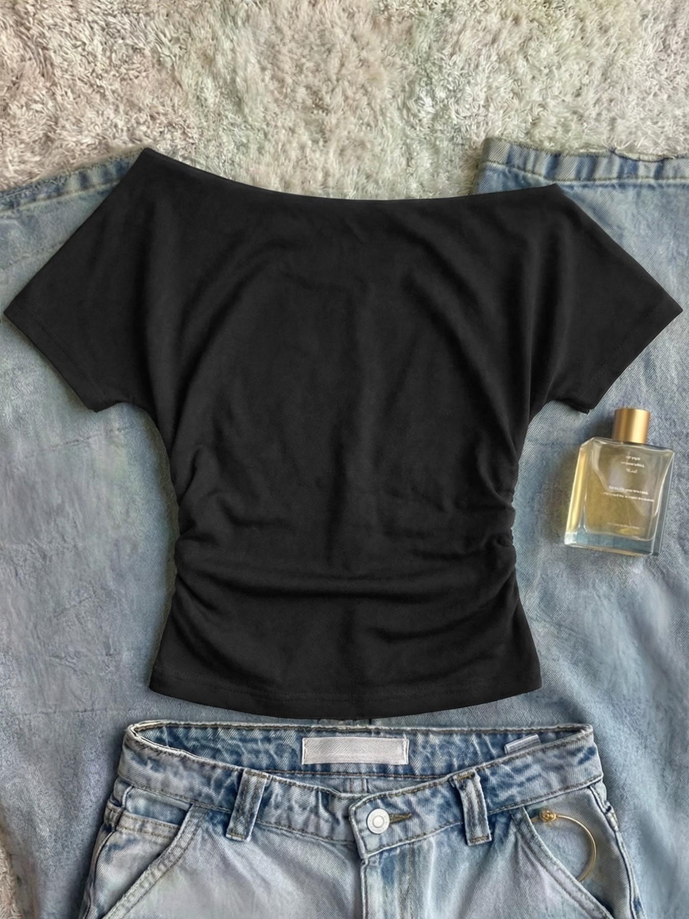 Off-Shoulder Short Sleeve Top, Sequin Floral Embroidery, Women's Slim Fit Waist Ruched T-Shirt, Retro Millennial Casual Style, Soft Stretch Fabric, Streetwear, Casual Tee Tops