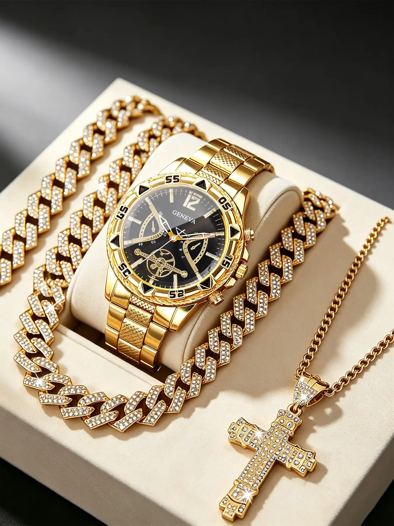 4-Piece Set New Business Men's Watch, Hip Hop Cuban Cross Pendant Necklace and Bracelet, Luxury Romantic Gift, Valentine's Day Present