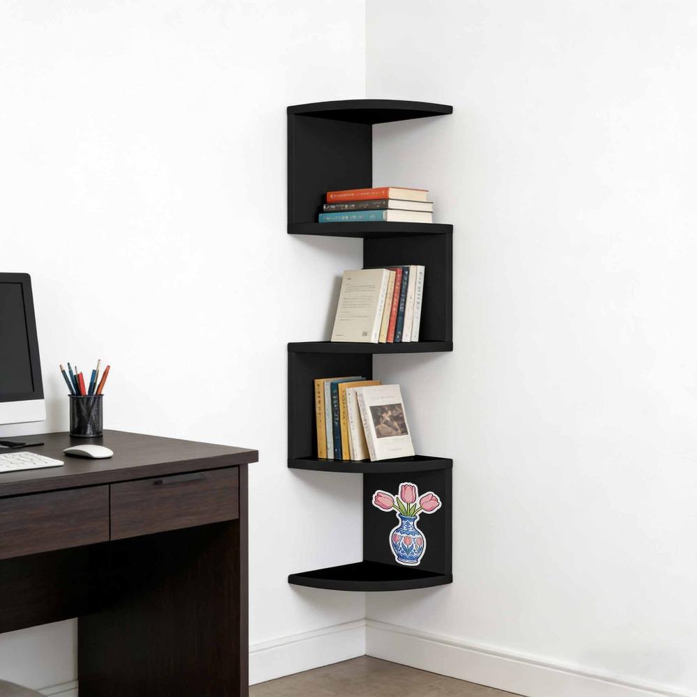 Five-tier corner shelf – a space-saving floating storage rack suitable for bedrooms, living rooms, and bathrooms. This wall-mounted organizer features a European and American style corner floating shelf and a minimalist bookshelf design.