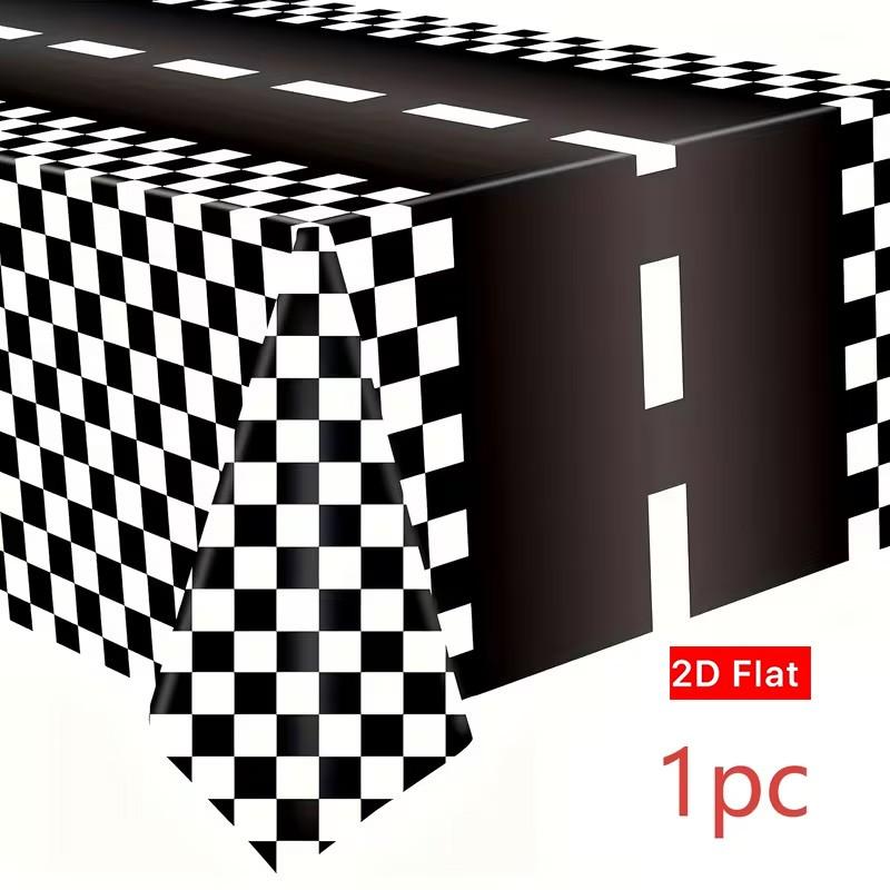 2D Flat Party Tablecloth 1pc, Checkered Racing Theme, Polyester Material, No Power Required, Perfect for Party Decorations