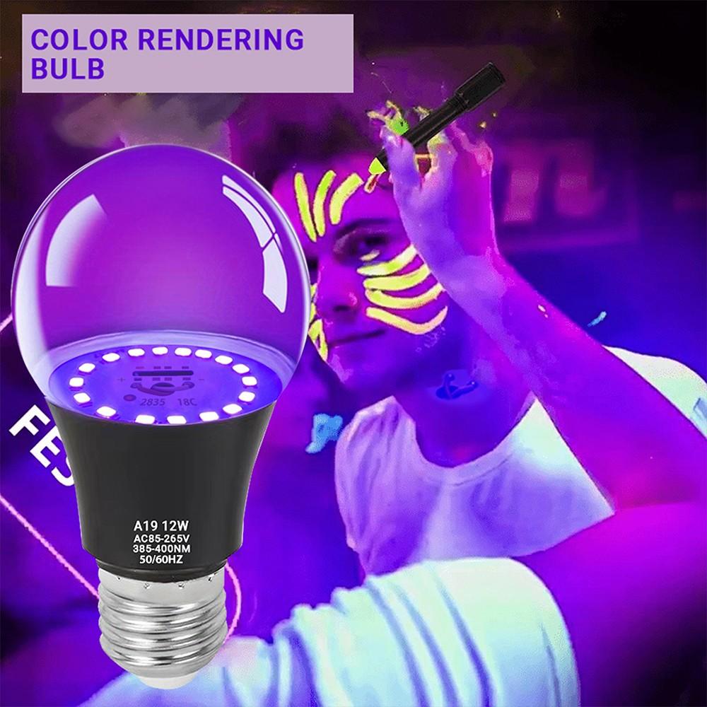 1/2 Pack Kasotile LED Black Light Bulbs, Halloween 12W A19 Blacklight, 100 Watt Equivalent, UVA Level 385-400nm Wavelength, Glow in The Dark for Body Art Paint, Fluorescent Poster, Neon Glow Party
