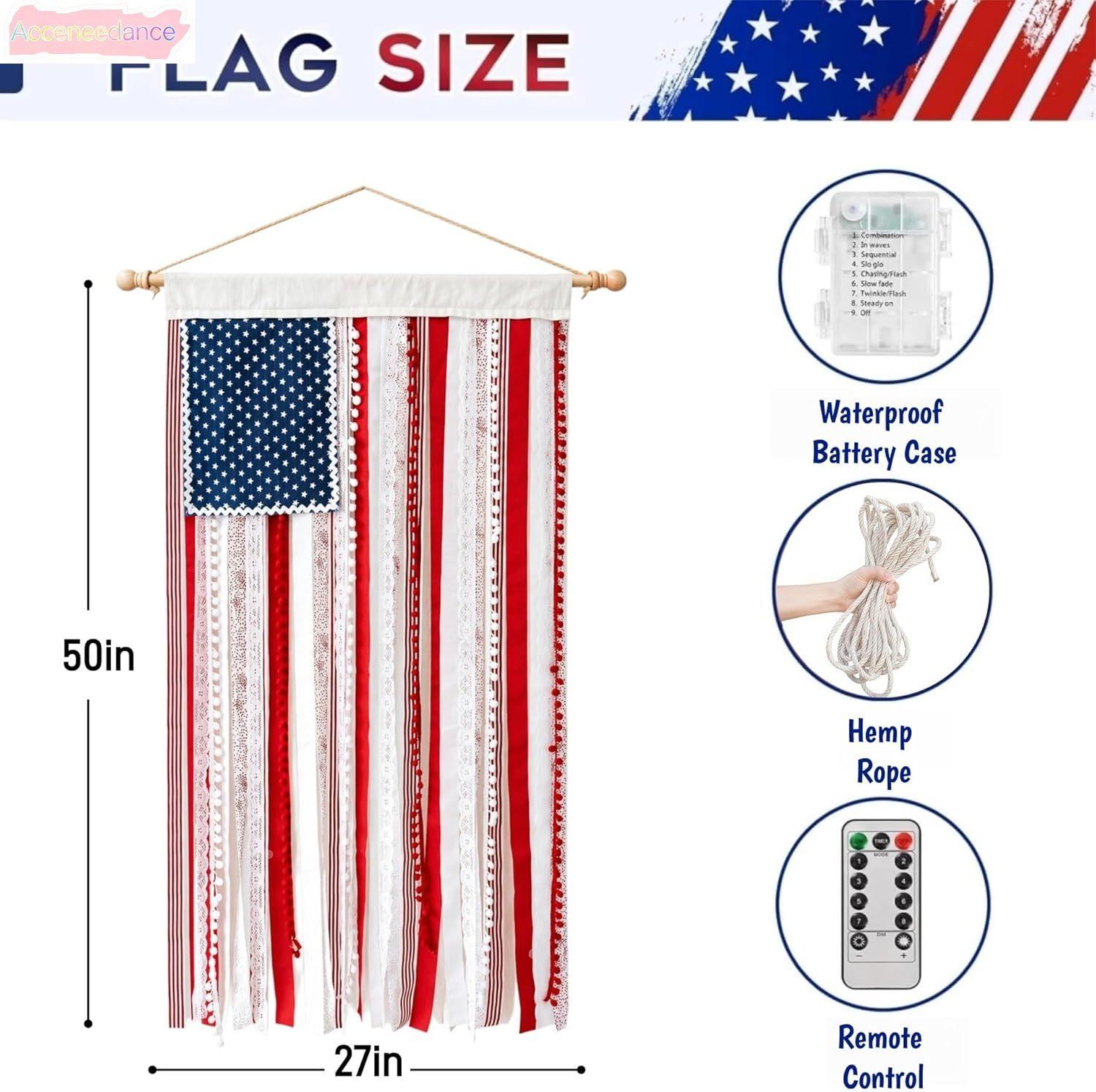 Lighted American Rag Flag Banner With LED Fairy Lights, 4x2.3 Ft Rustic Patriotic Tassel Garland For 4th Of July Decoration, Aesthetic Americana Wall Hanging For Porch Yard Party, Independence Day Celebration Home Decor 250th Anniversary