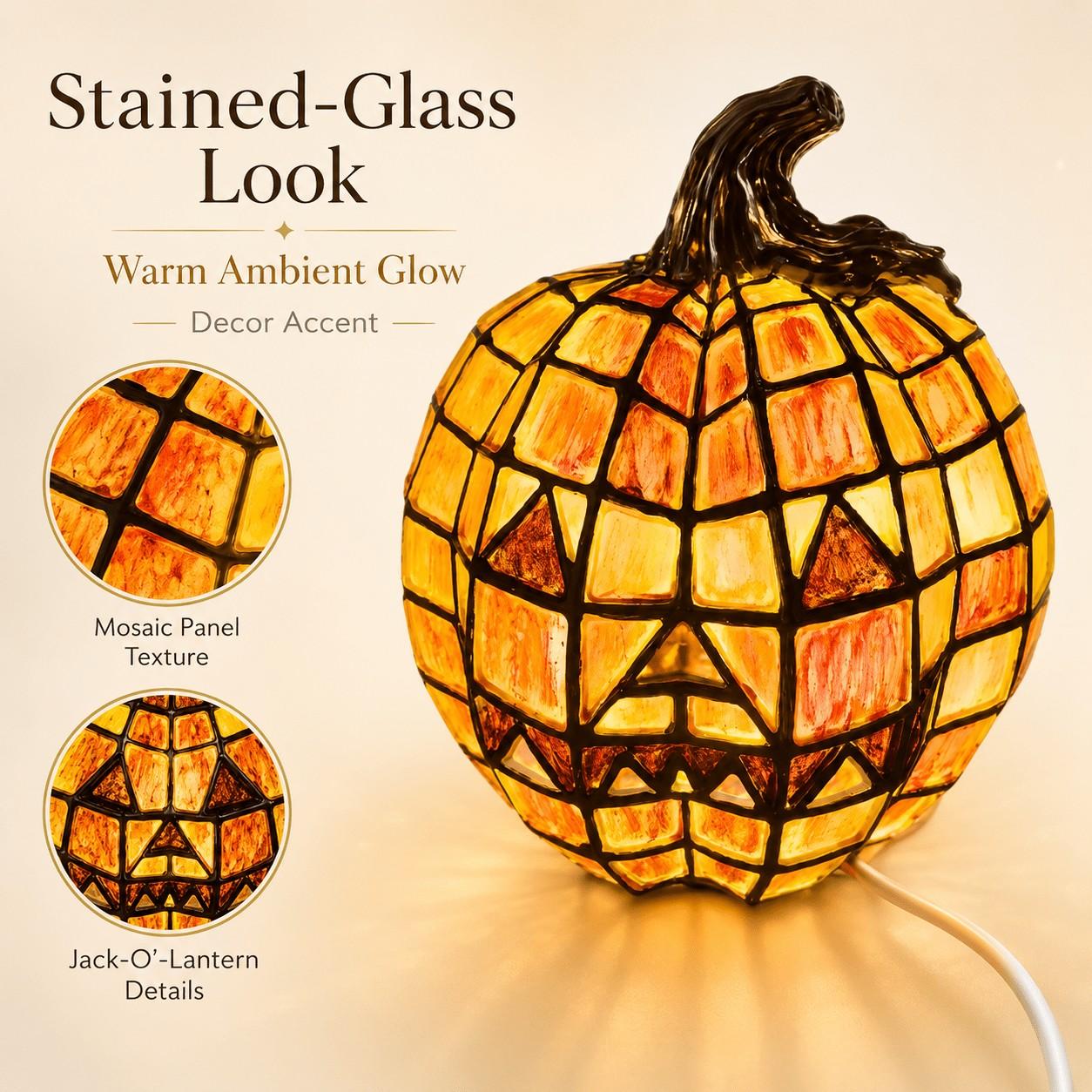 Mosaic Stained‑Glass Pumpkin Lamp Night Light, USB‑Powered Resin Halloween Pumpkin Light, Warm Glow Desktop Ornament, Home Decor for Fireplace & Tabletop in Fall and Thanksgiving, Holiday Gift, Wicked Ornament