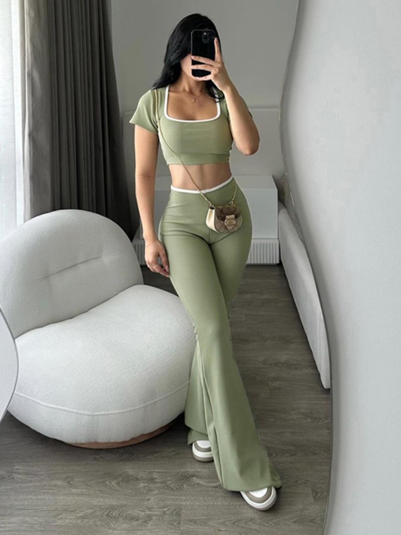 Square Neck Short Sleeve Top with High Waist Bell Flared Pants, Color Block Trim, Slim Fit, Elegant Fashion, Women's Casual