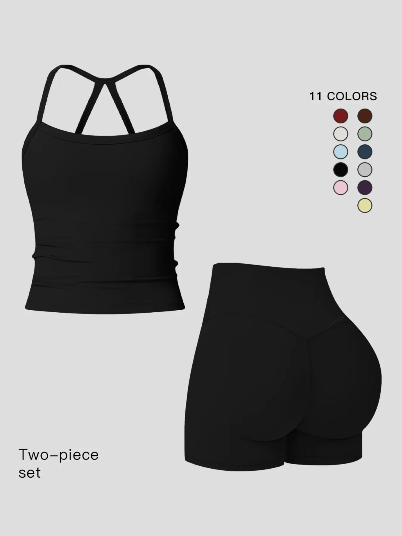 Women's Quick-Dry Two-piece Set, Active Sets, Sculpting Workout Outfit, Solid Backless Cami Top & High Waist Tummy Control Butt-Lifting Shorts, Ladies Sportswear for Indoor Outdoor Wear, Yoga Gym Running Wear, Activewear Yoga Fitness