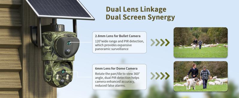 Dual Lens Linkage 4G LTE Cellular Trail Cameras DC24S-Solar Powered Surveillance, 360° Pan Tilt,2K Live View, No WiFi, Cellular Data Replenishment Required