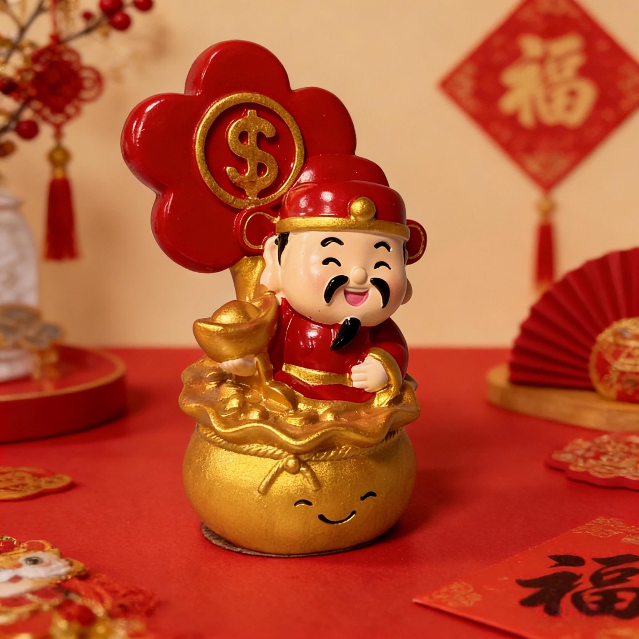Cute Mini Resin Fortune God Figurine, Traditional, Holding Yuan Bao Money Bag, Desk/counter/car Use, Attracts Wealth