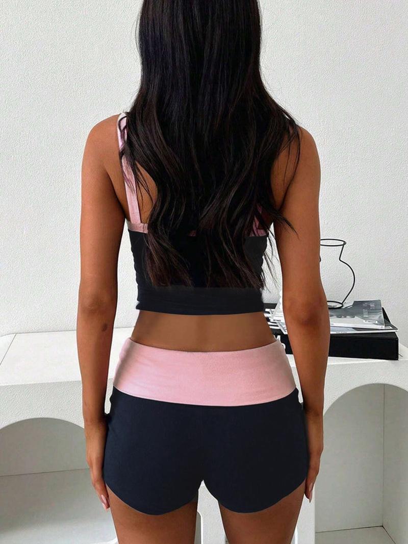 Women's Colorblock Crop Tank Top & Shorts Set, Sporty Casual Two-piece Outfits for Summer, Women's Clothing for Indoor Outdoor Wear, Sporty Style Clothes