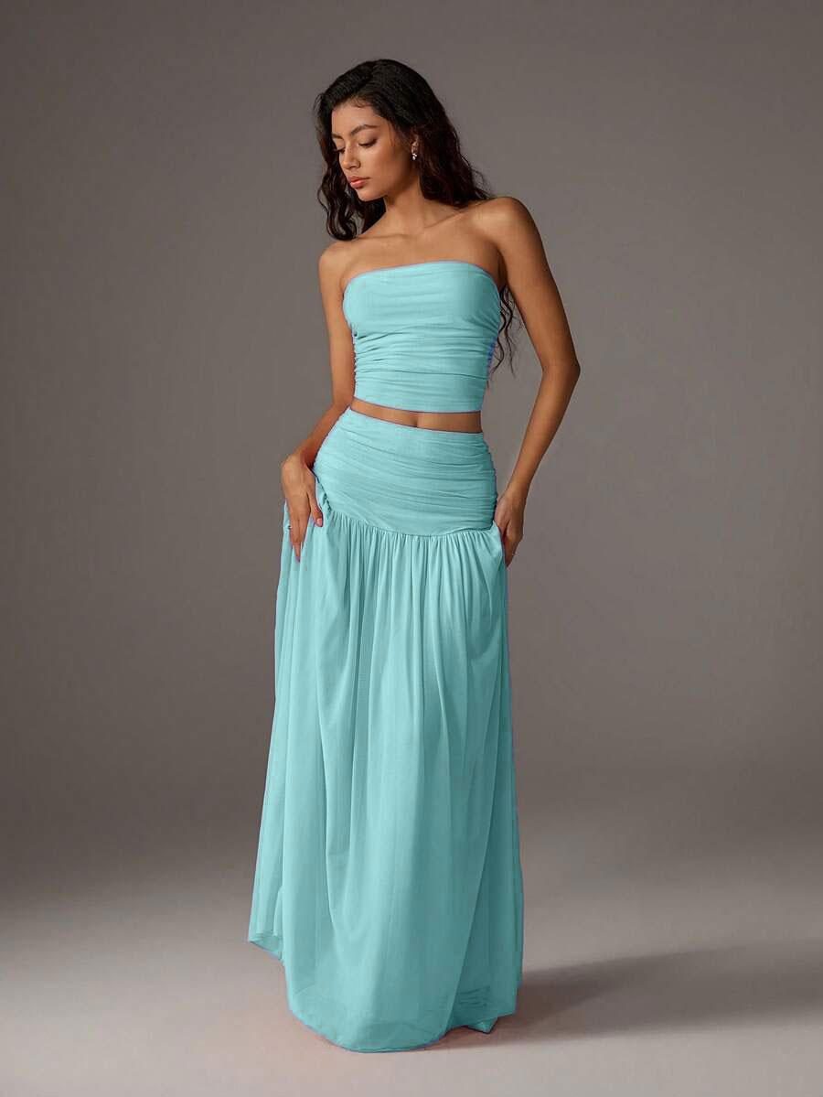 Women's Mesh Solid Color Halter Top Sleeveless and Long Dress Two-Piece Set, Breathable Summer Outfit, Elegant and Comfortable for Daily Wear, Neck Top Set