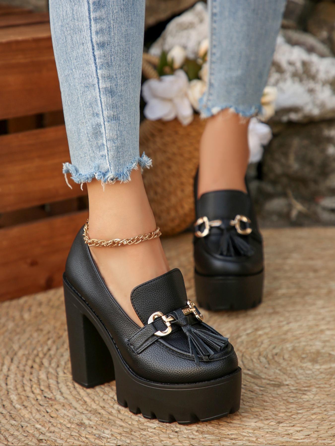 Women's Fashion Elegant Classic High Heels, Metal Decor Faux Fur Design, Stage Style Thick Sole Punk Shoes, All Season Wedding Comfortable Wear, Tassel Shoes