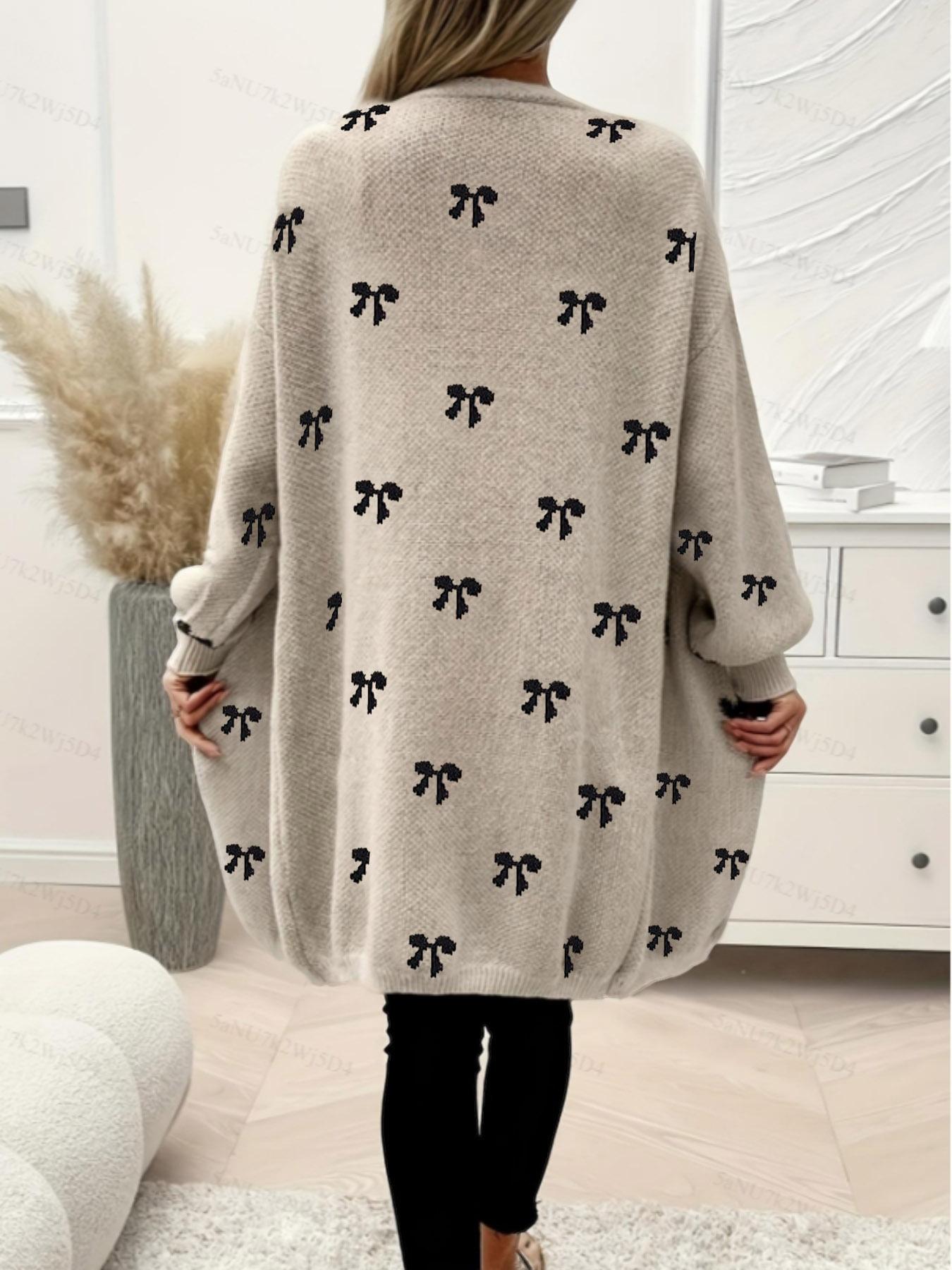 Women's Plus Size Cute Bowknot Casual elegant casual knitwear Cardigan Sweater, Loose Fit, Perfect for Autumn & Winter, Warm & Comfortable