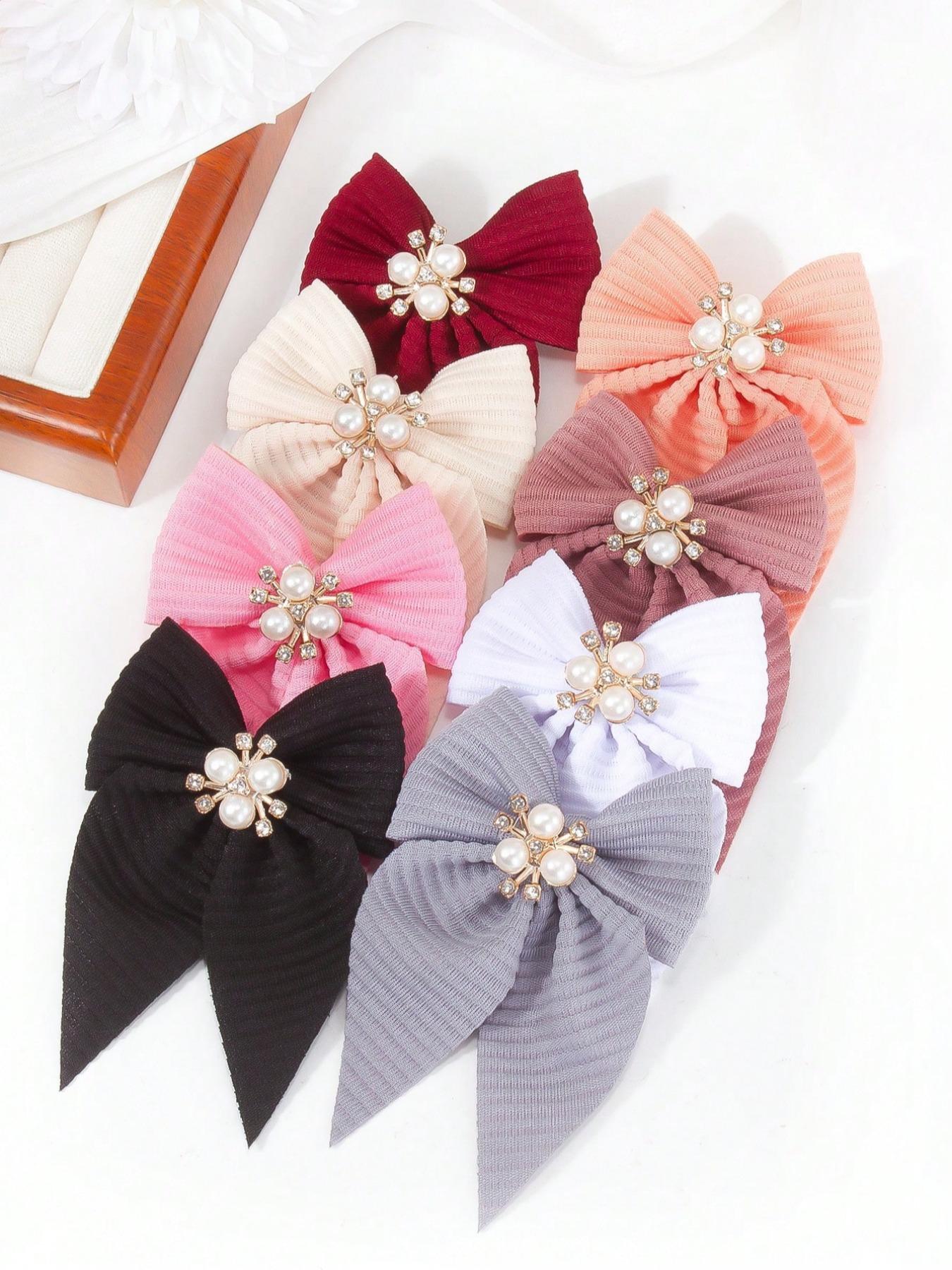 8pcs/Set Girls Solid Color Textured Bow Pearls Crystal, Elegant Princess Hair Accessories Sets For Daily Use