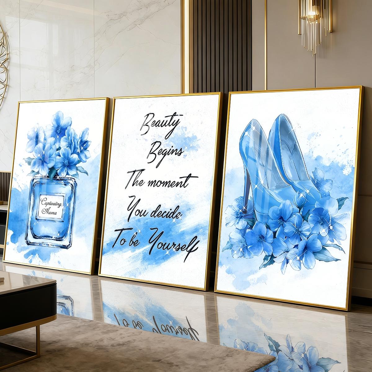 3 Counts Aluminum Alloy Framed Painting, Blue High Heels Perfume And Flowers Illustration, Home Decoration For Living Room, Bedroom, Office, Restaurant, Hallway Wall Decor, Odorless Print Artwork, Luxury Perfect Gift For Friends And Family