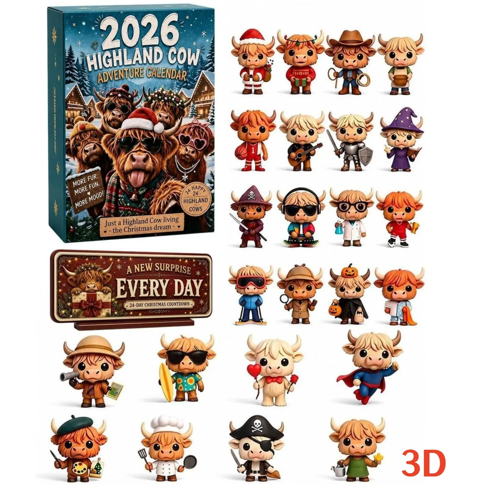 2026 3D Highland Cow Christmas Countdown Calendar, 24-Day Advent Calendar with 24 Highland Cow Dolls, Perfect Holiday Gift for Family and Friends