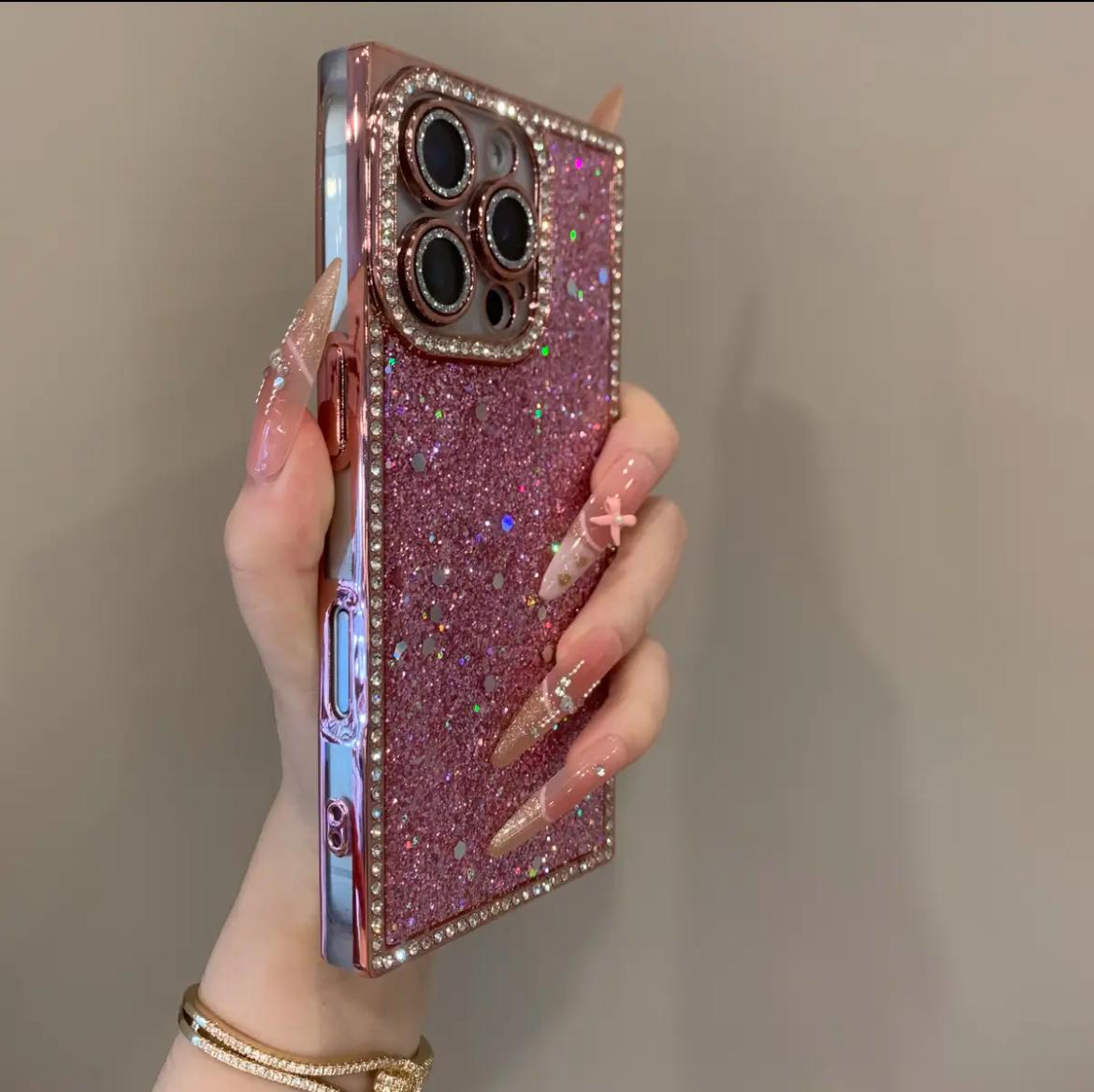 Electroplated Rhinestone Frame Sequin iP 16 Pro Phone Case Compatible with iP 15 14 13 Shockproof Protective Golden Customized Cover Casing