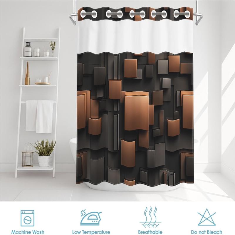 1pc hookless shower curtain with buckle lining, brown and black geometric square patchwork design, 2D flat printing, fabric waterproof lining, see-through double-layer shower curtain, 71 x 74 inches, modern home draping curtain.