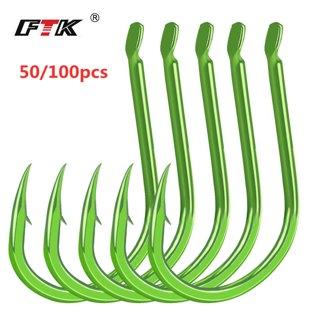 FTK Ise-Ni Fishing Hooks, Fluorescent Green, Flattened, 100pcs Stainless Steel, High-Carbon Steel, Barbed