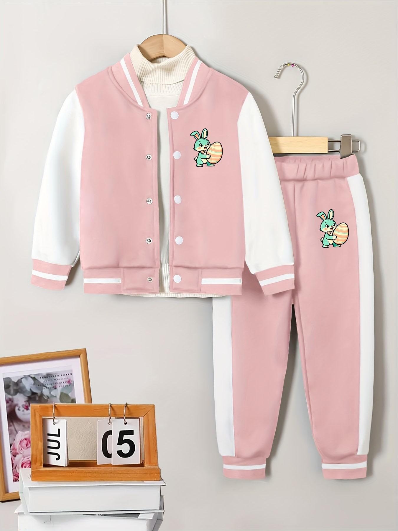 Girls' Easter Egg Rabbit Print 2-Piece Set, Casual Loose-Fit Jacket & Pants, Polyester, Perfect for School & Sports