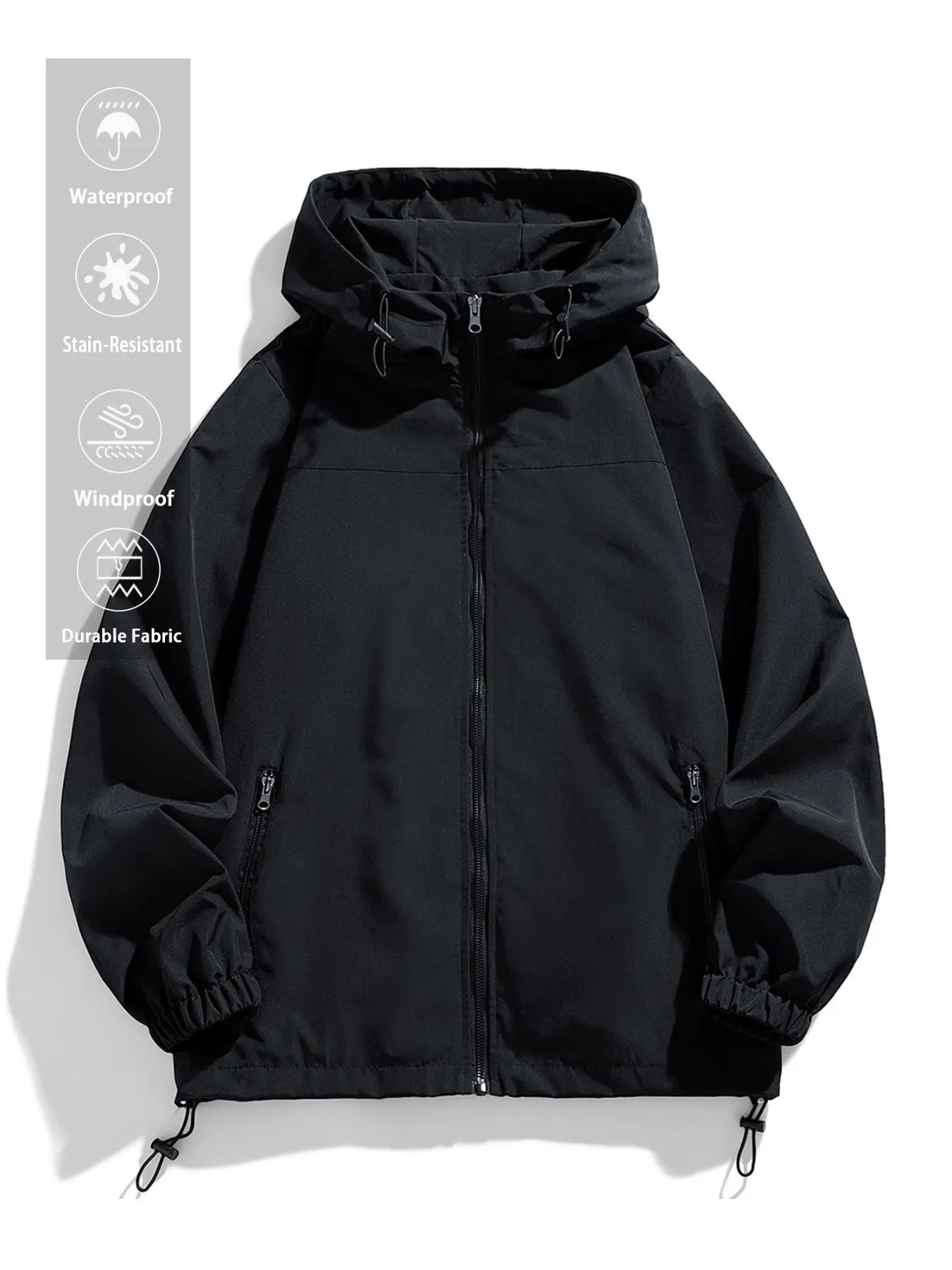 Workwear Hooded Jacket, Japanese Style Casual Loose Windproof Drawstring Zipper Coat, Men's Daily Commute Outdoor Versatile Top