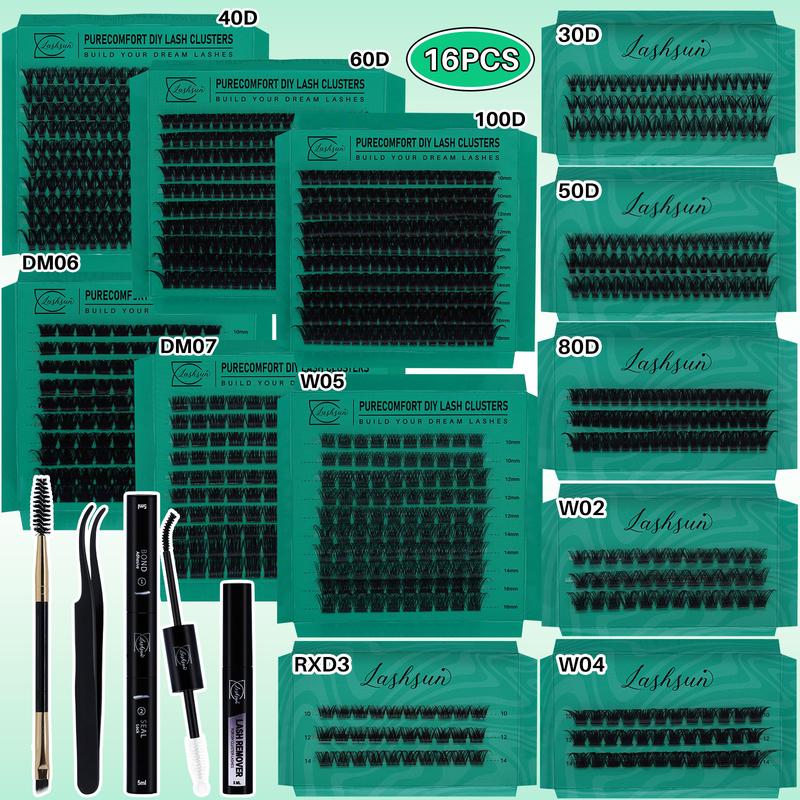 Mixed Length & Styles Individual Lashes Clusters DIY Lash Extensions Kit, 16pcs/set D Curl Cluster Eyelashes & Bond & Seal Lash Glue & Lash Remover & Lash Brush & Tweezers, Makeup Products