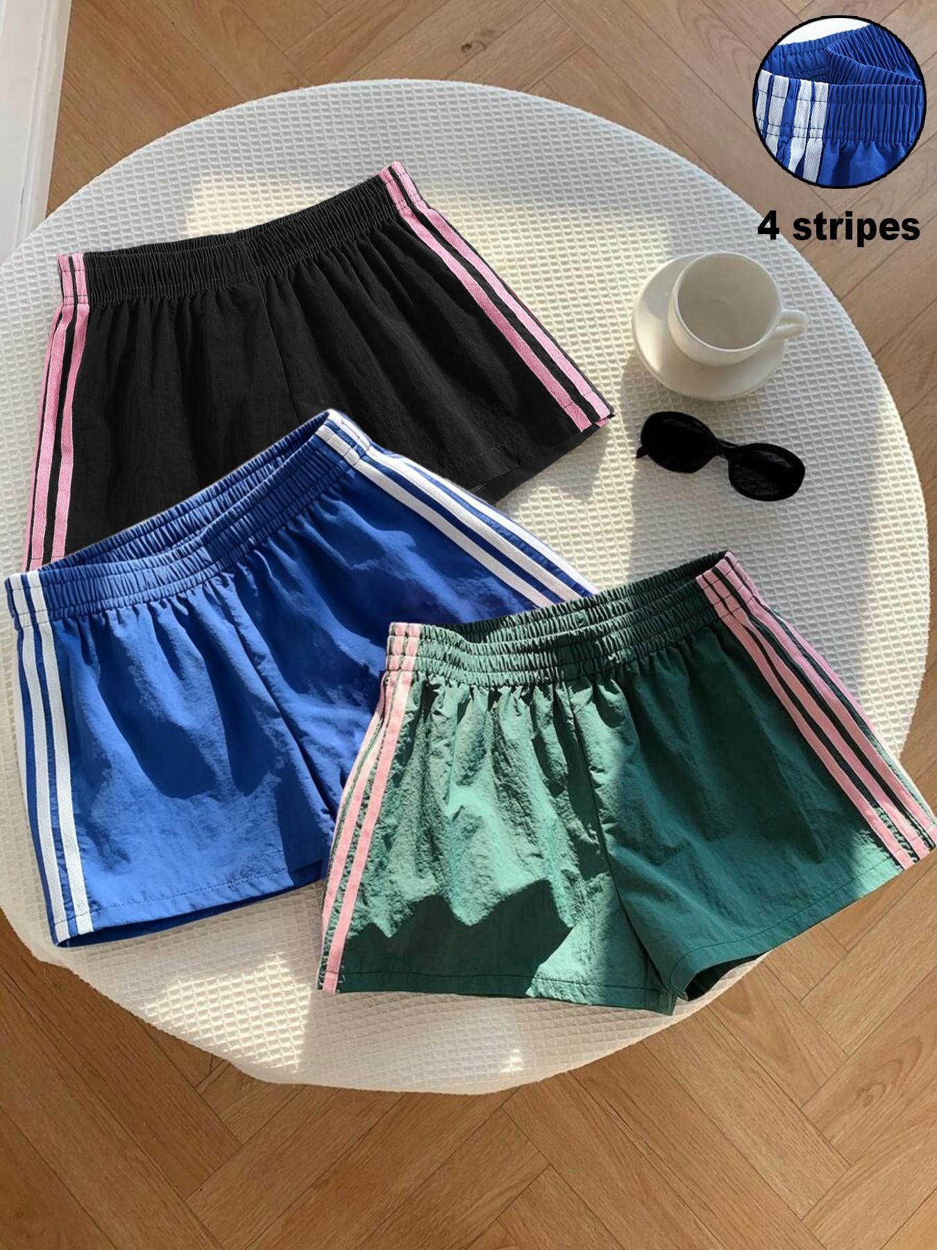 Trendy Comfortable 3-Piece Women's Casual Loose Short Pants, Side Stripe Design, Striped, Elastic Waist, Perfect for Spring Summer Carnival Activities, Casual Fashionable Shorts