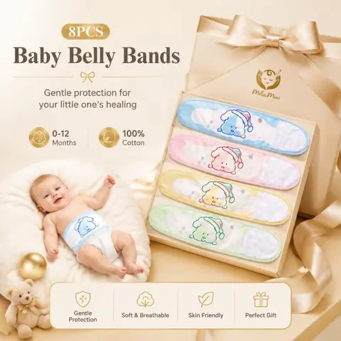 Milamini 8 Pack Baby Belly Button Bands – Soft Cotton Umbilical Cord Wraps with Cute Cartoon Patterns, Breathable Infant Belly Bands for Newborns 0–12 Months, Baby Essentials