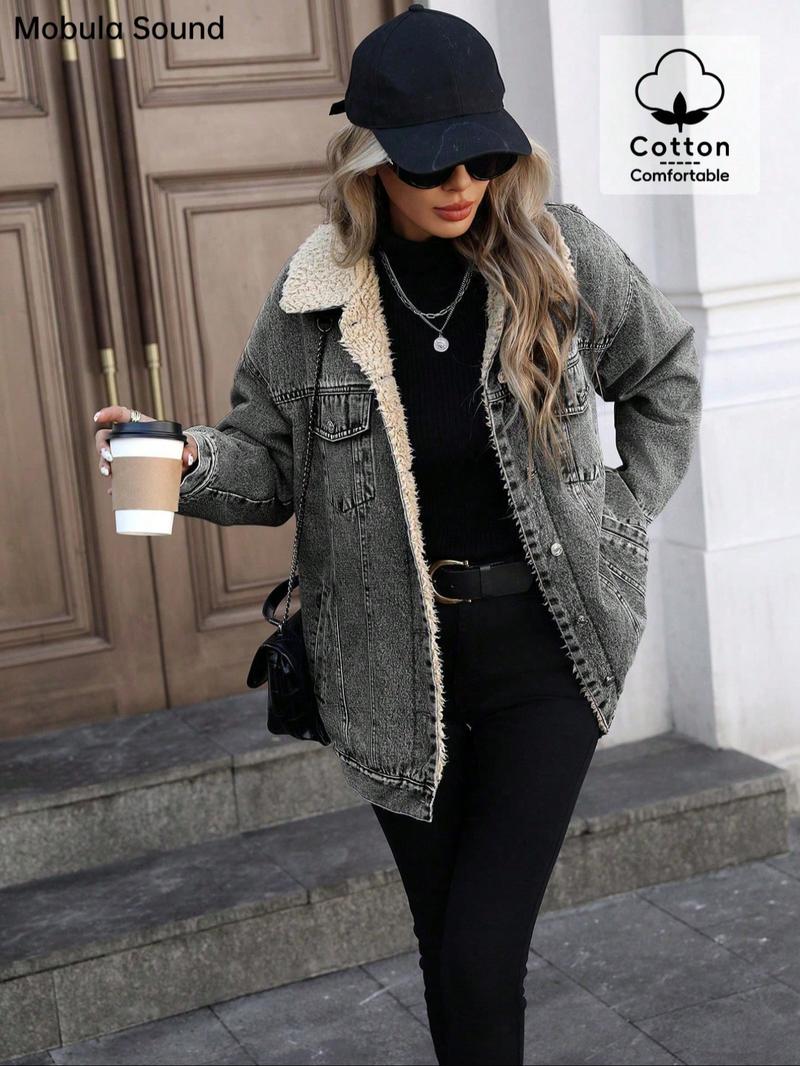 Women's New Fleece Lined Denim Jacket, Trendy Fashion Washed Jean Coat, Casual Comfortable Fit, Zipper Fly, Fall & Winter Wear, Zip Front Jacket