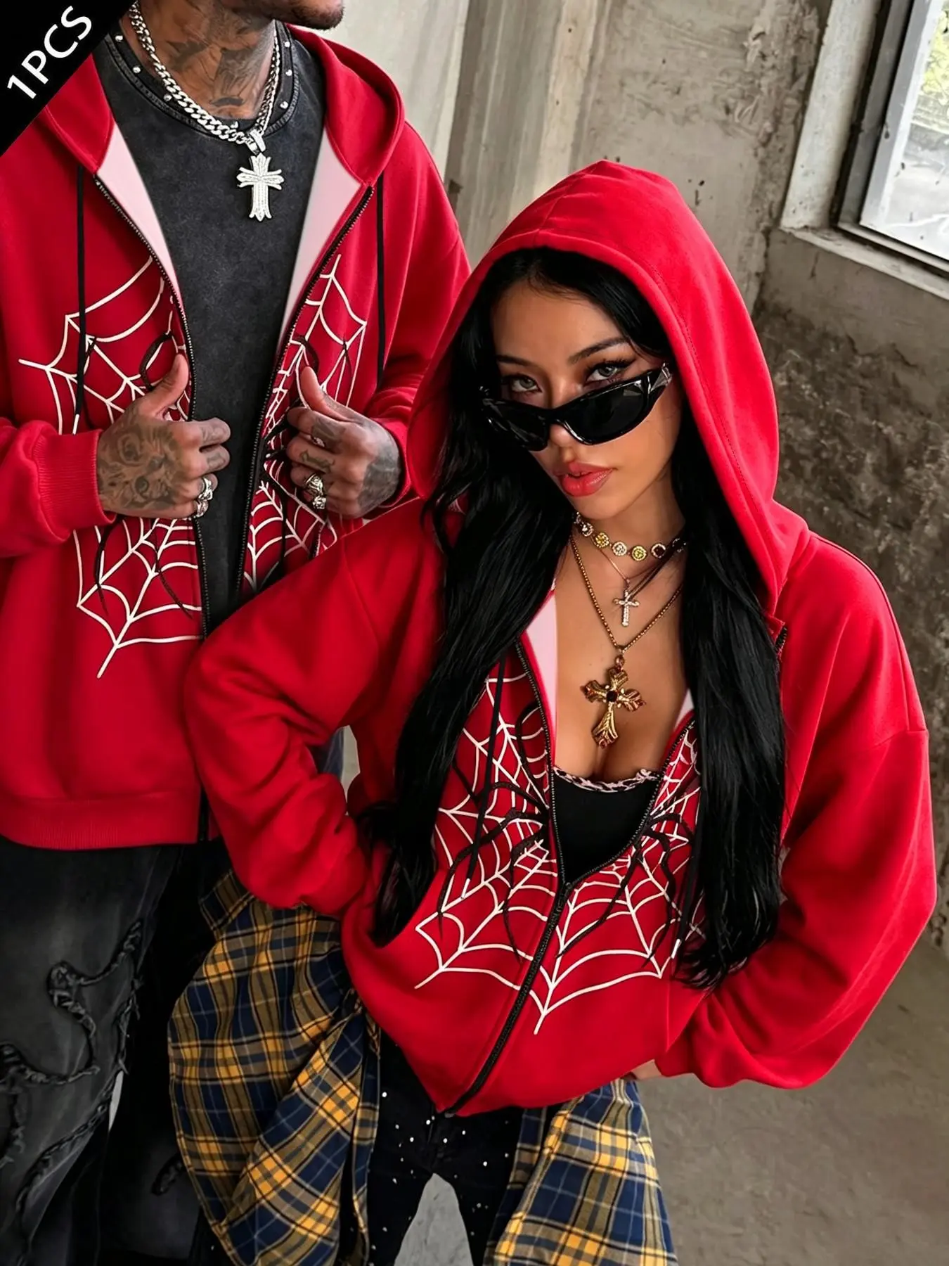 Zip Up Hoodie, Red Spider Web Print Loose Hooded Jacket, Y2K Alt Streetwear Couple Casual Long Sleeve Coat Suitable for both men and women.