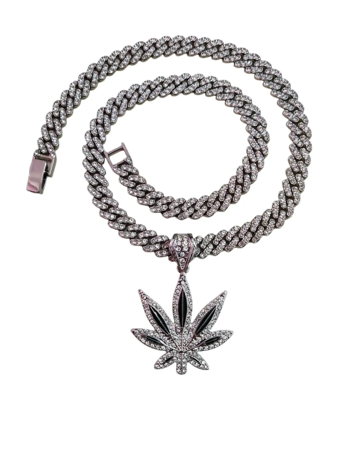 Luxury Maple Leaf Shaped Pendant Necklace for Men & Women, Rhinestone Decor Cuban Chain Necklace for Party, Streetwear Punk Goth Jewelry As Gift for Party, Club Summer Dress, Iced Out Jewelry, Decorative Accessory Necklace