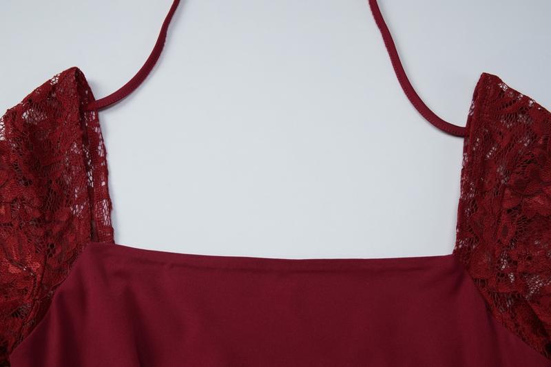 Women's Solid Contrast Lace Long Sleeves Split Thigh Bodycon Cocktail Dress, Square Neck Ruched Cut Out Backless Lace-up Plain Slit Maxi Dress, Elegant Party Club Date Evening Gown Daily Casual Long Dresses For Ladies Spring & Fall Clothes Wear