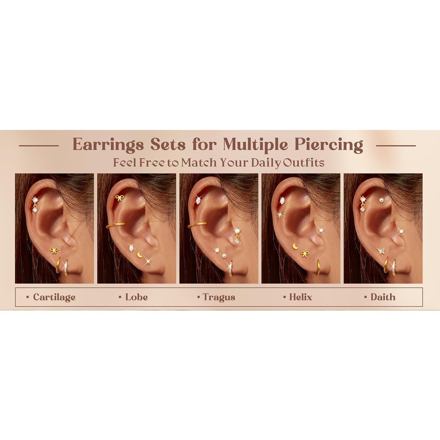 15pairs 14K Gold Plated Flat Back Earrings - Hypoallergenic Surgical Stainless Steel Stud Hoop Earrings for Women Girls Cute Stud Earring Set Small Huggie Hoops Cartilage Earring Stacks Stud Earrings Jewelry Earrings Studs