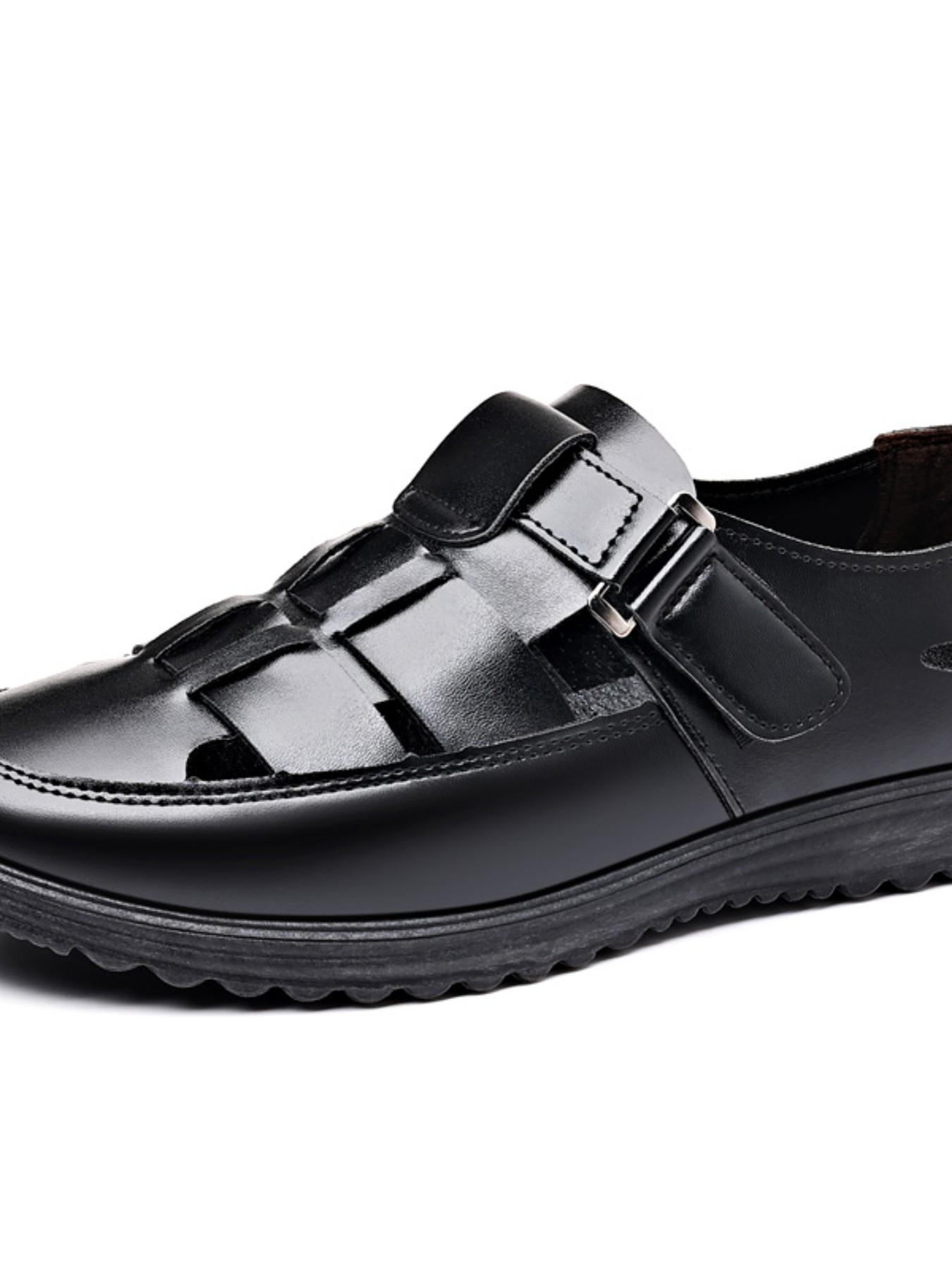 Men's Hollow Out Sandals, Summer New Arrival, Size 38-44, Velcro Soft Sole Anti-Slip Dad Shoes, Breathable Casual Leather Shoes