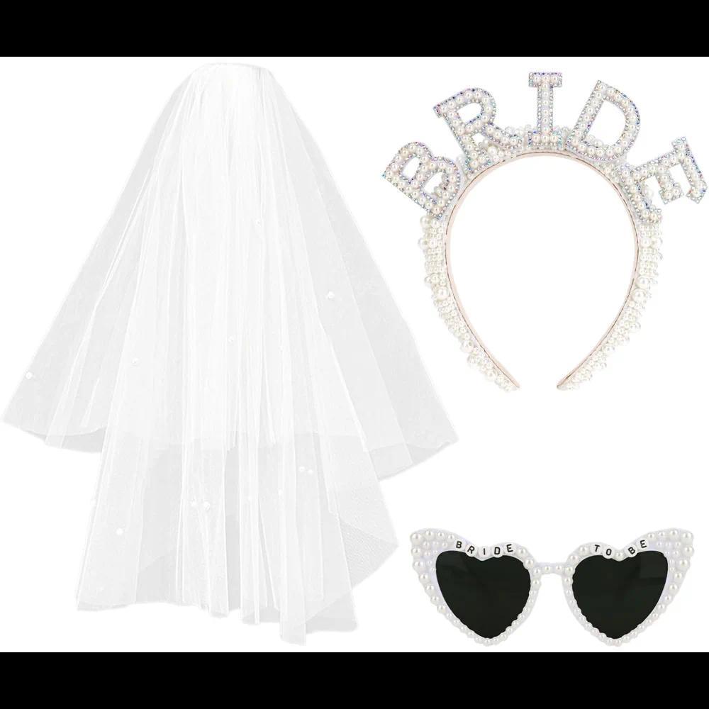 3pcs Pearl Headband Bride Veil Heart Sunglasses for Bachelorette Party Supplies Bride Accessories Wedding Bridal Shower Gifts