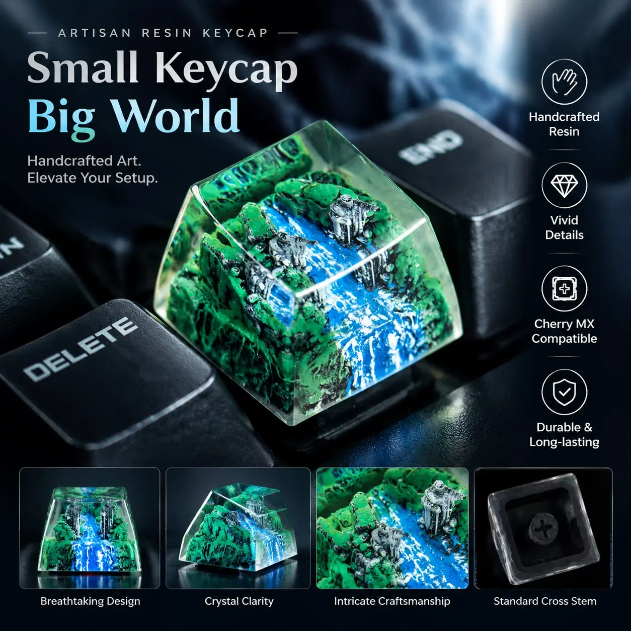 Handmade Resin Artisan Keycaps, Dual Witch Qinglan Waterfall Canyon Custom Keycaps, Fits Cherry Mx Switches, Fantasy Game Keyboard Decor Gift
