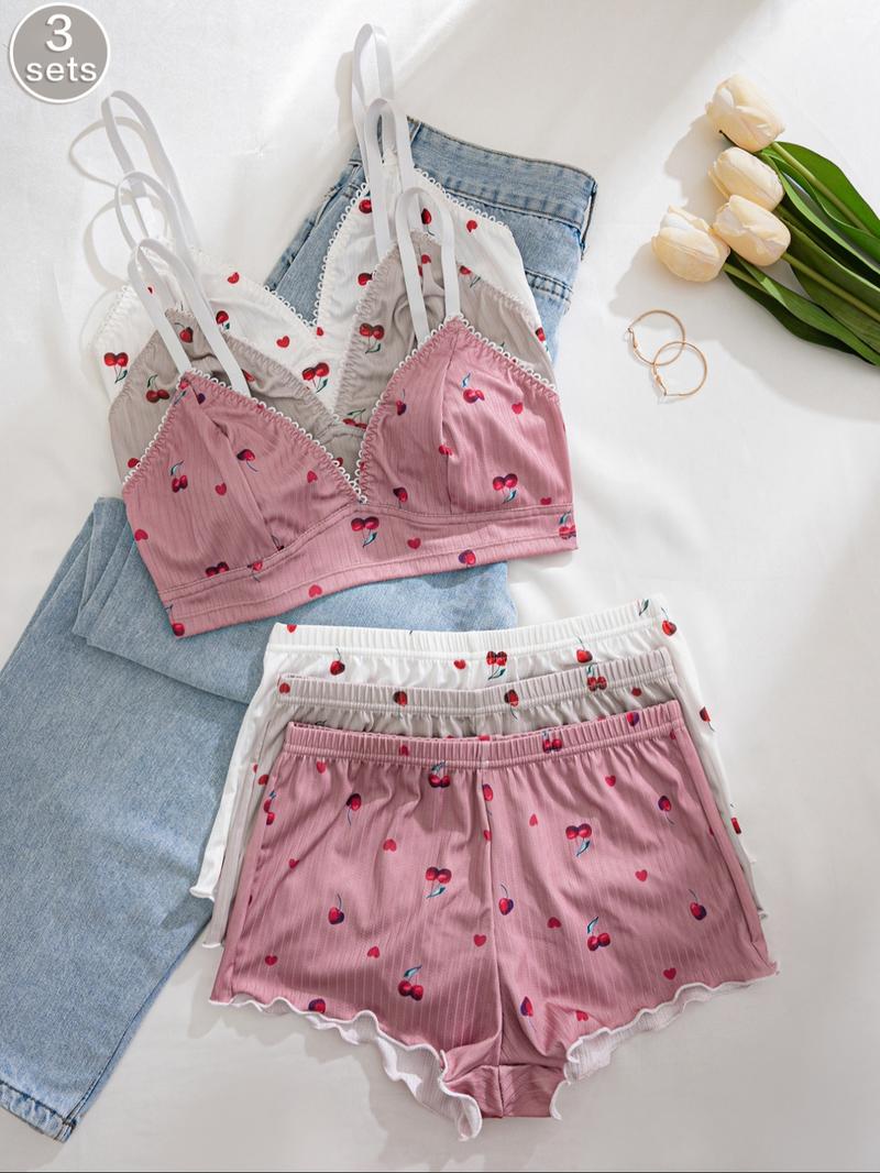 Women's Wireless Bra & Lettuce Trim Shorts Underwear Set, Summer Outfits 2024, Adjustable Strap Bra & Elastic Waist Shorts, Soft Comfy Breathable Underwear Set for Women