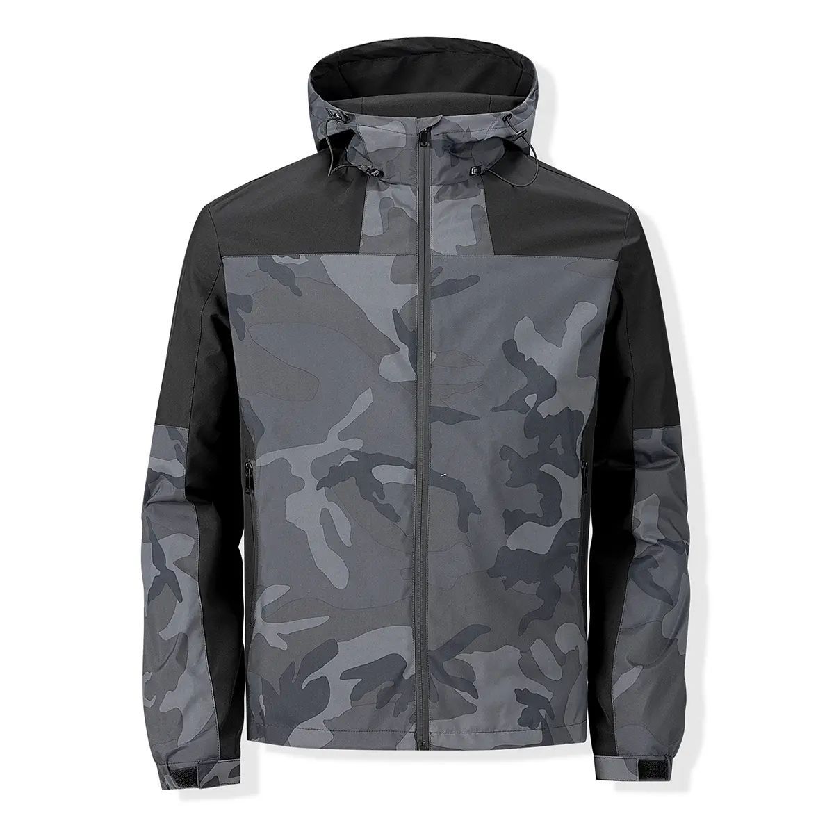 Men's Gray Camo Black Color‑Block Hooded Rain Jacket, Water‑Resistant Windproof Fleece‑Lined Warm Outerwear, Full Zip Closure, Adjustable Drawstring Hood, Vertical Side Zipper Pockets, Hook‑Loop Cuffs, Relaxed Fit Military Tactical Techwear Coat For Hikin
